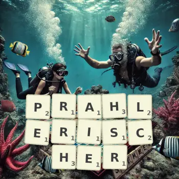 Kreative Illustration für ein Scrabble-Spiel, bei dem das Wort PRAHLERISCHER mit Steinen auf dem Brett gelegt wurde.