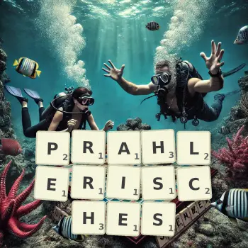 Kreative Illustration für ein Scrabble-Spiel, bei dem das Wort PRAHLERISCHES mit Steinen auf dem Brett gelegt wurde.