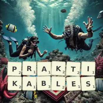 Kreative Illustration für ein Scrabble-Spiel, bei dem das Wort PRAKTIKABLES mit Steinen auf dem Brett gelegt wurde.