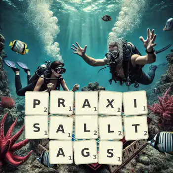 Kreative Illustration für ein Scrabble-Spiel, bei dem das Wort PRAXISALLTAGS mit Steinen auf dem Brett gelegt wurde.