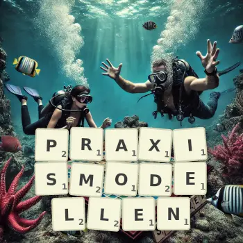 Kreative Illustration für ein Scrabble-Spiel, bei dem das Wort PRAXISMODELLEN mit Steinen auf dem Brett gelegt wurde.