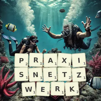 Kreative Illustration für ein Scrabble-Spiel, bei dem das Wort PRAXISNETZWERK mit Steinen auf dem Brett gelegt wurde.