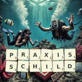 Kreative Illustration für ein Scrabble-Spiel, bei dem das Wort PRAXISSCHILD mit Steinen auf dem Brett gelegt wurde.