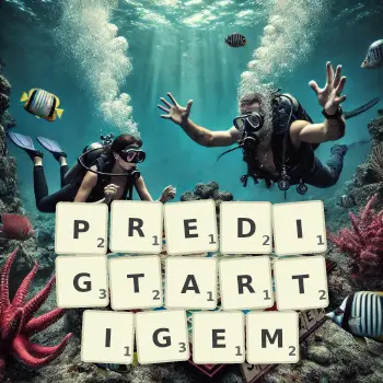 Kreative Illustration für ein Scrabble-Spiel, bei dem das Wort PREDIGTARTIGEM mit Steinen auf dem Brett gelegt wurde.