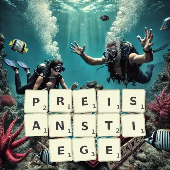 Kreative Illustration für ein Scrabble-Spiel, bei dem das Wort PREISANSTIEGE mit Steinen auf dem Brett gelegt wurde.
