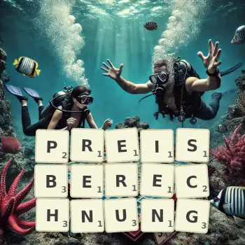 Kreative Illustration für ein Scrabble-Spiel, bei dem das Wort PREISBERECHNUNG mit Steinen auf dem Brett gelegt wurde.