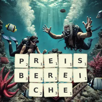 Kreative Illustration für ein Scrabble-Spiel, bei dem das Wort PREISBEREICHE mit Steinen auf dem Brett gelegt wurde.