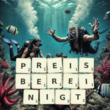 Kreative Illustration für ein Scrabble-Spiel, bei dem das Wort PREISBEREINIGT mit Steinen auf dem Brett gelegt wurde.