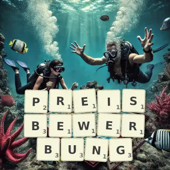 Kreative Illustration für ein Scrabble-Spiel, bei dem das Wort PREISBEWERBUNG mit Steinen auf dem Brett gelegt wurde.