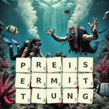 Kreative Illustration für ein Scrabble-Spiel, bei dem das Wort PREISERMITTLUNG mit Steinen auf dem Brett gelegt wurde.