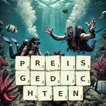 Kreative Illustration für ein Scrabble-Spiel, bei dem das Wort PREISGEDICHTEN mit Steinen auf dem Brett gelegt wurde.