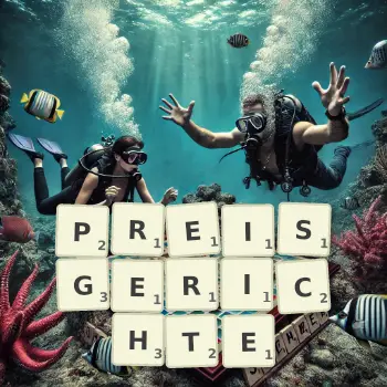 Kreative Illustration für ein Scrabble-Spiel, bei dem das Wort PREISGERICHTE mit Steinen auf dem Brett gelegt wurde.