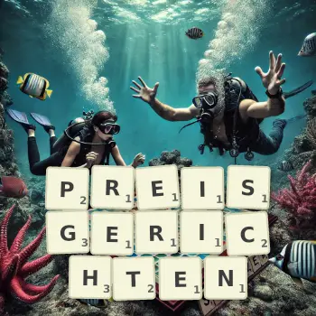 Kreative Illustration für ein Scrabble-Spiel, bei dem das Wort PREISGERICHTEN mit Steinen auf dem Brett gelegt wurde.