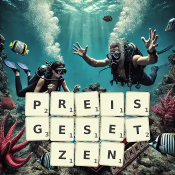 Kreative Illustration für ein Scrabble-Spiel, bei dem das Wort PREISGESETZEN mit Steinen auf dem Brett gelegt wurde.