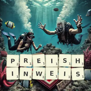 Kreative Illustration für ein Scrabble-Spiel, bei dem das Wort PREISHINWEIS mit Steinen auf dem Brett gelegt wurde.