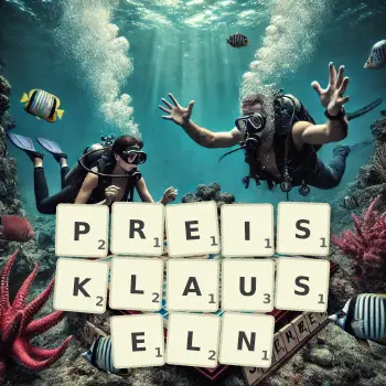 Kreative Illustration für ein Scrabble-Spiel, bei dem das Wort PREISKLAUSELN mit Steinen auf dem Brett gelegt wurde.