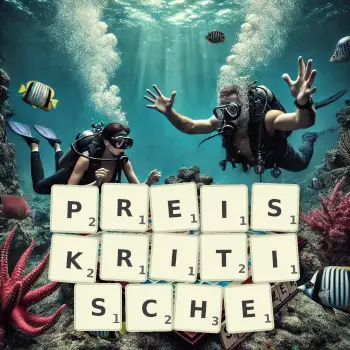 Kreative Illustration für ein Scrabble-Spiel, bei dem das Wort PREISKRITISCHE mit Steinen auf dem Brett gelegt wurde.