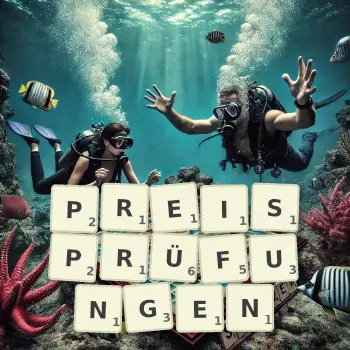 Kreative Illustration für ein Scrabble-Spiel, bei dem das Wort PREISPRÜFUNGEN mit Steinen auf dem Brett gelegt wurde.