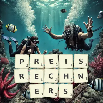 Kreative Illustration für ein Scrabble-Spiel, bei dem das Wort PREISRECHNERS mit Steinen auf dem Brett gelegt wurde.