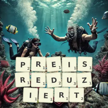 Kreative Illustration für ein Scrabble-Spiel, bei dem das Wort PREISREDUZIERT mit Steinen auf dem Brett gelegt wurde.