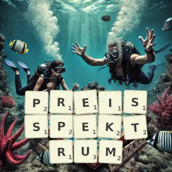 Kreative Illustration für ein Scrabble-Spiel, bei dem das Wort PREISSPEKTRUM mit Steinen auf dem Brett gelegt wurde.