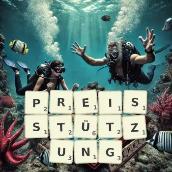 Kreative Illustration für ein Scrabble-Spiel, bei dem das Wort PREISSTÜTZUNG mit Steinen auf dem Brett gelegt wurde.