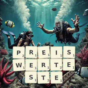Kreative Illustration für ein Scrabble-Spiel, bei dem das Wort PREISWERTESTE mit Steinen auf dem Brett gelegt wurde.