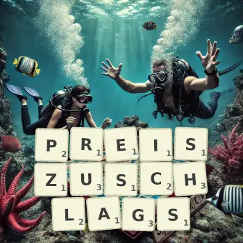 Kreative Illustration für ein Scrabble-Spiel, bei dem das Wort PREISZUSCHLAGS mit Steinen auf dem Brett gelegt wurde.