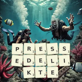 Kreative Illustration für ein Scrabble-Spiel, bei dem das Wort PRESSEDELIKTE mit Steinen auf dem Brett gelegt wurde.
