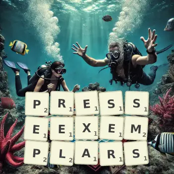 Kreative Illustration für ein Scrabble-Spiel, bei dem das Wort PRESSEEXEMPLARS mit Steinen auf dem Brett gelegt wurde.