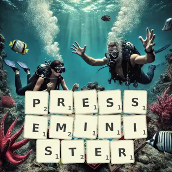 Kreative Illustration für ein Scrabble-Spiel, bei dem das Wort PRESSEMINISTER mit Steinen auf dem Brett gelegt wurde.