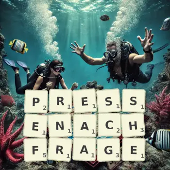 Kreative Illustration für ein Scrabble-Spiel, bei dem das Wort PRESSENACHFRAGE mit Steinen auf dem Brett gelegt wurde.