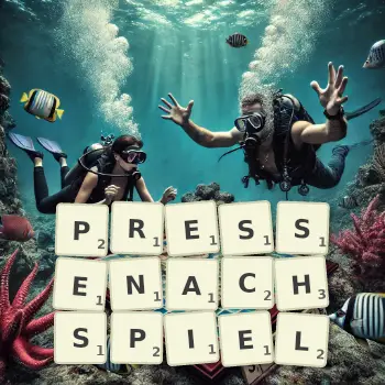 Kreative Illustration für ein Scrabble-Spiel, bei dem das Wort PRESSENACHSPIEL mit Steinen auf dem Brett gelegt wurde.