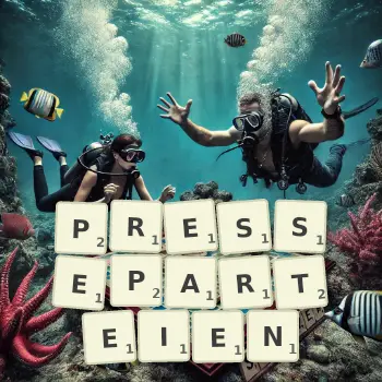 Kreative Illustration für ein Scrabble-Spiel, bei dem das Wort PRESSEPARTEIEN mit Steinen auf dem Brett gelegt wurde.