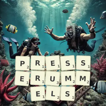 Kreative Illustration für ein Scrabble-Spiel, bei dem das Wort PRESSERUMMELS mit Steinen auf dem Brett gelegt wurde.