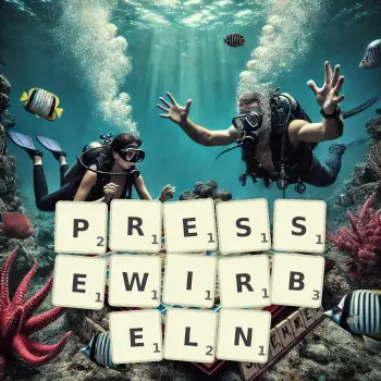 Kreative Illustration für ein Scrabble-Spiel, bei dem das Wort PRESSEWIRBELN mit Steinen auf dem Brett gelegt wurde.