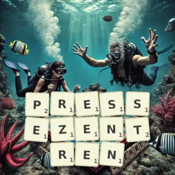 Kreative Illustration für ein Scrabble-Spiel, bei dem das Wort PRESSEZENTREN mit Steinen auf dem Brett gelegt wurde.