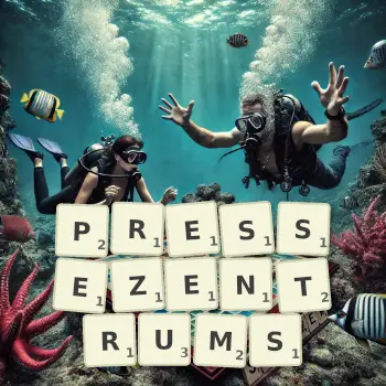Kreative Illustration für ein Scrabble-Spiel, bei dem das Wort PRESSEZENTRUMS mit Steinen auf dem Brett gelegt wurde.