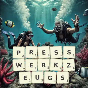 Kreative Illustration für ein Scrabble-Spiel, bei dem das Wort PRESSWERKZEUGS mit Steinen auf dem Brett gelegt wurde.