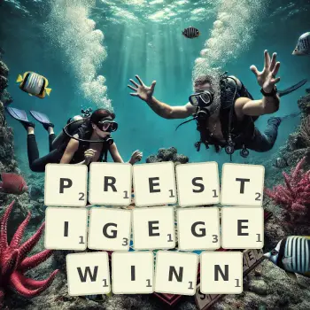 Kreative Illustration für ein Scrabble-Spiel, bei dem das Wort PRESTIGEGEWINN mit Steinen auf dem Brett gelegt wurde.