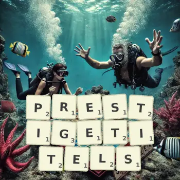 Kreative Illustration für ein Scrabble-Spiel, bei dem das Wort PRESTIGETITELS mit Steinen auf dem Brett gelegt wurde.