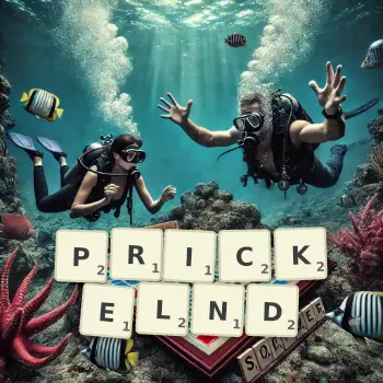 Kreative Illustration für ein Scrabble-Spiel, bei dem das Wort PRICKELND mit Steinen auf dem Brett gelegt wurde.