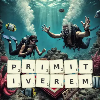 Kreative Illustration für ein Scrabble-Spiel, bei dem das Wort PRIMITIVEREM mit Steinen auf dem Brett gelegt wurde.