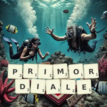 Kreative Illustration für ein Scrabble-Spiel, bei dem das Wort PRIMORDIALE mit Steinen auf dem Brett gelegt wurde.