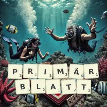 Kreative Illustration für ein Scrabble-Spiel, bei dem das Wort PRIMÄRBLATT mit Steinen auf dem Brett gelegt wurde.