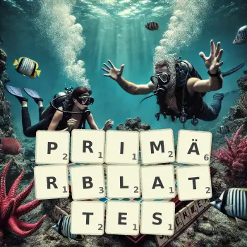 Kreative Illustration für ein Scrabble-Spiel, bei dem das Wort PRIMÄRBLATTES mit Steinen auf dem Brett gelegt wurde.