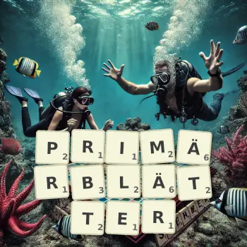 Kreative Illustration für ein Scrabble-Spiel, bei dem das Wort PRIMÄRBLÄTTER mit Steinen auf dem Brett gelegt wurde.