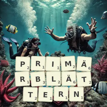 Kreative Illustration für ein Scrabble-Spiel, bei dem das Wort PRIMÄRBLÄTTERN mit Steinen auf dem Brett gelegt wurde.
