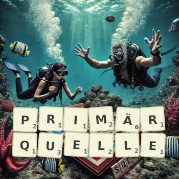 Kreative Illustration für ein Scrabble-Spiel, bei dem das Wort PRIMÄRQUELLE mit Steinen auf dem Brett gelegt wurde.