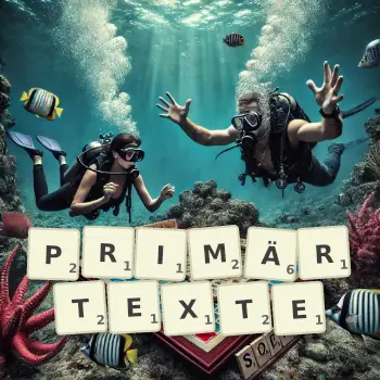 Kreative Illustration für ein Scrabble-Spiel, bei dem das Wort PRIMÄRTEXTE mit Steinen auf dem Brett gelegt wurde.